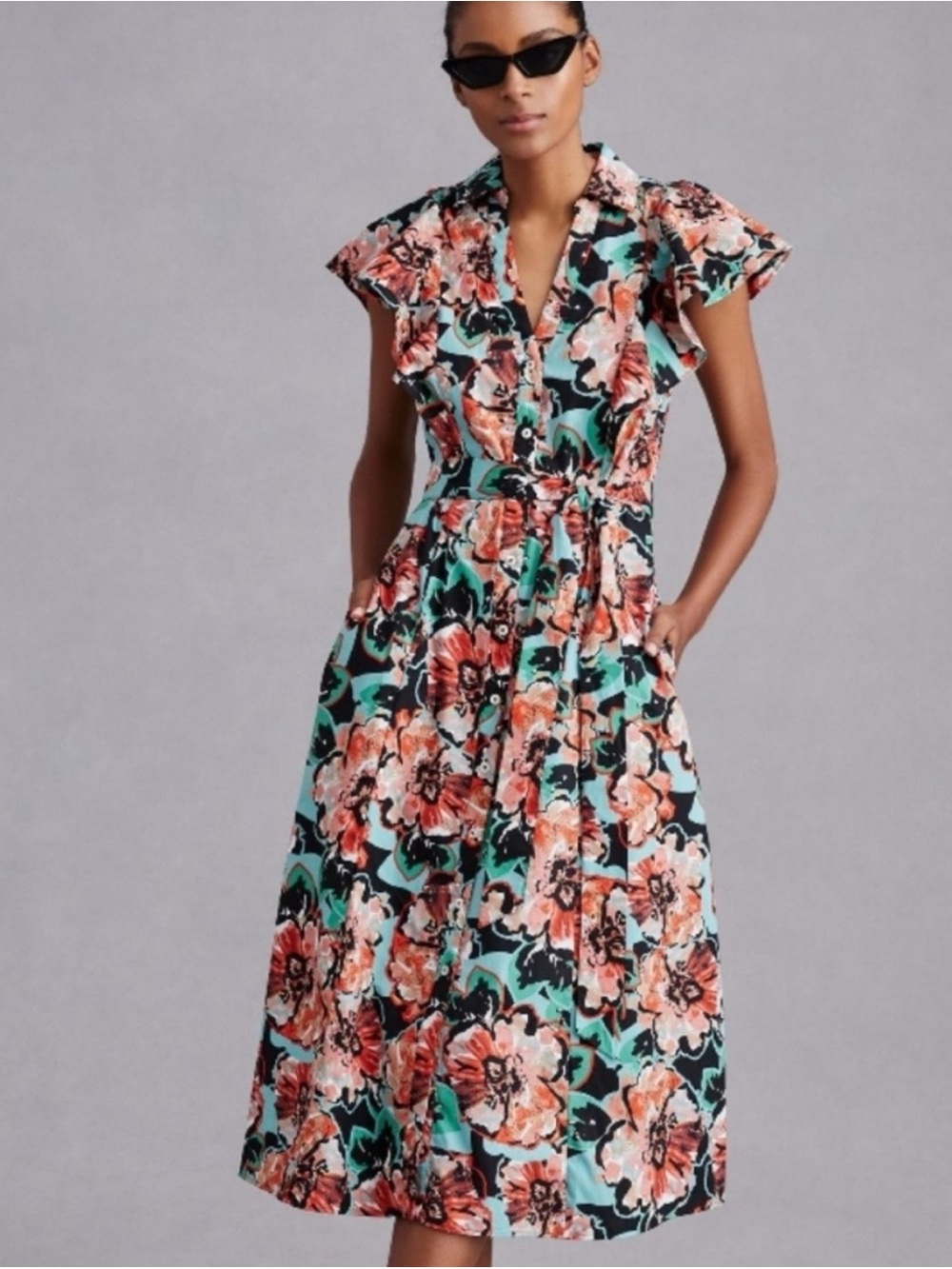 Anthropologie Coral & Teal Floral Tie-Waist Midi Dress